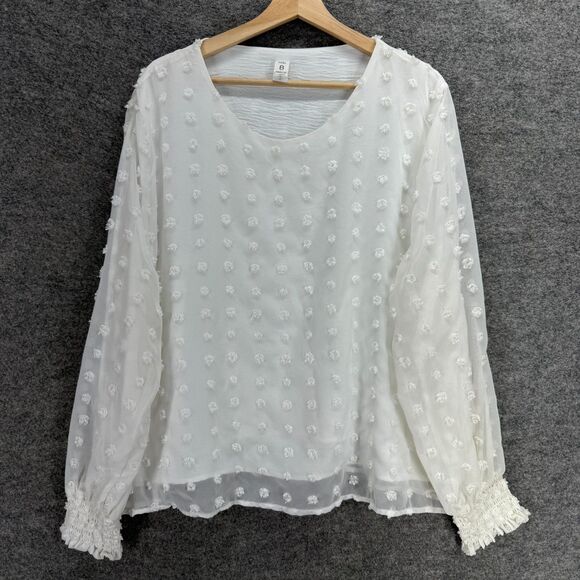 B Blouse Women 3XL White Polka Dot Embroidered Long Sleeve Round Neck Pullover - Picture 1 of 6